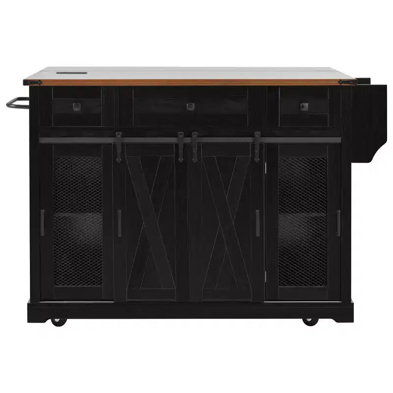 Îlot de cuisine roulant GDFStudio Mary 58 Farmhouse avec rangement, porte coulissante de style grange, porte latérale en grille métallique et abattant