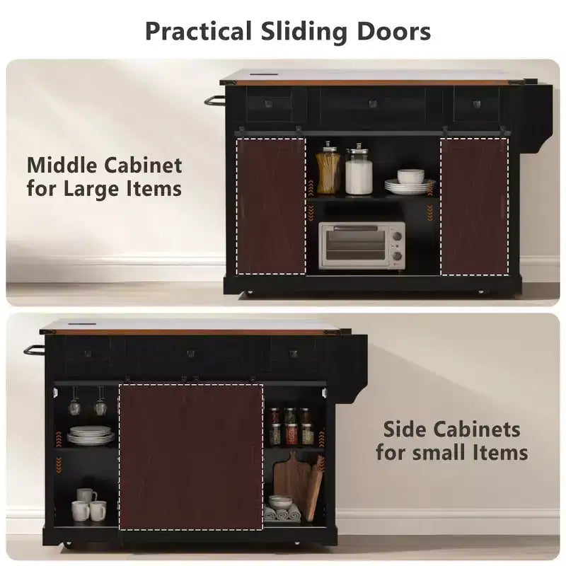 Îlot de cuisine roulant GDFStudio Mary 58 Farmhouse avec rangement, porte coulissante de style grange, porte latérale en grille métallique et abattant