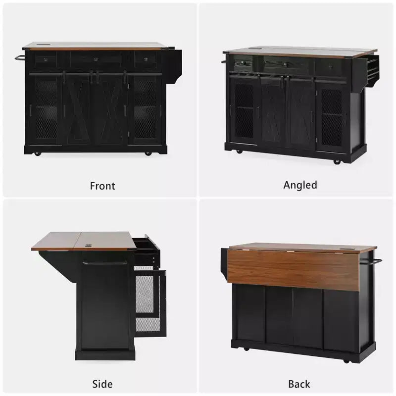 Îlot de cuisine roulant GDFStudio Mary 58 Farmhouse avec rangement, porte coulissante de style grange, porte latérale en grille métallique et abattant