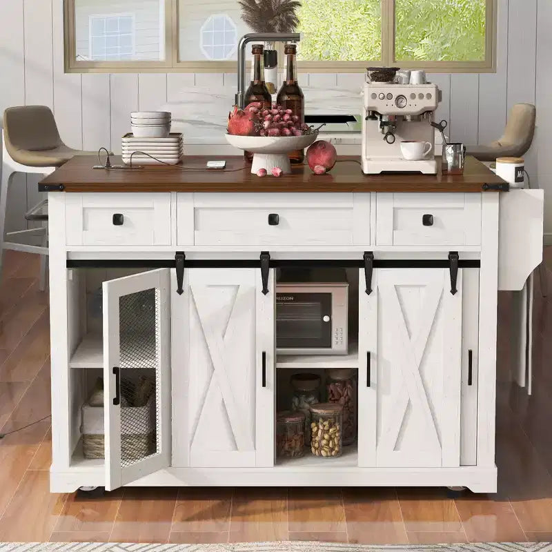 Îlot de cuisine roulant GDFStudio Mary 58 Farmhouse avec rangement, porte coulissante de style grange, porte latérale en grille métallique et abattant