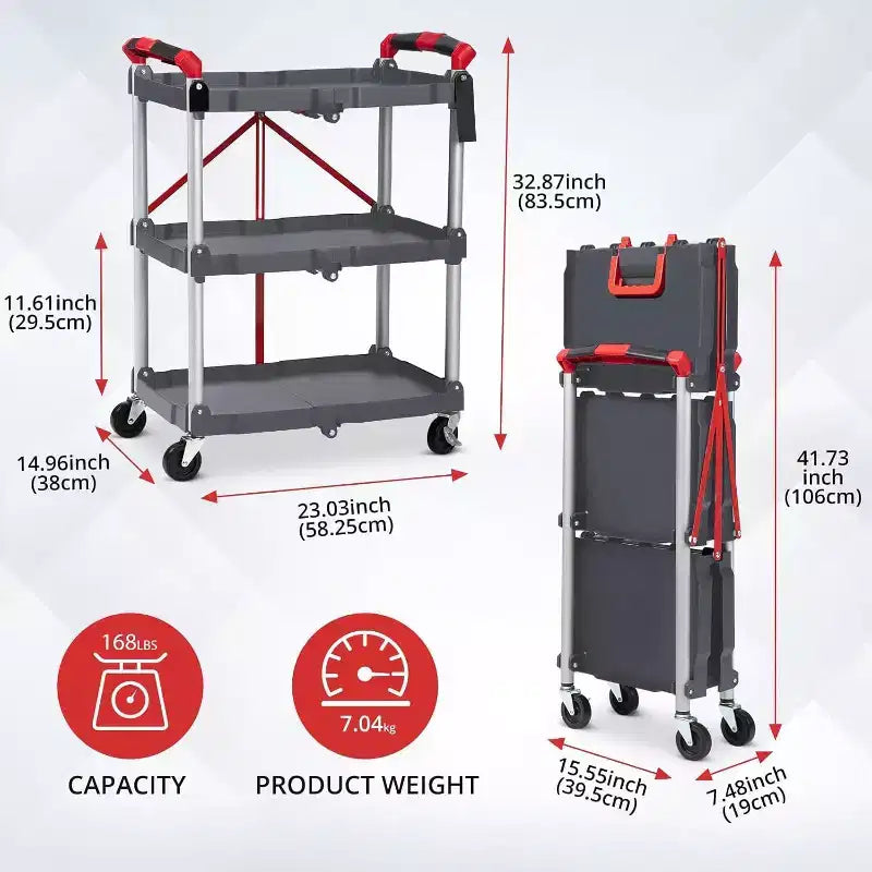 Chariot utilitaire pliable à 3 niveaux avec roues, desserte de rangement roulante portable, capacité de charge de 75 kg, organiseur sans assemblage pour bureau, maison, garage, entrepôt