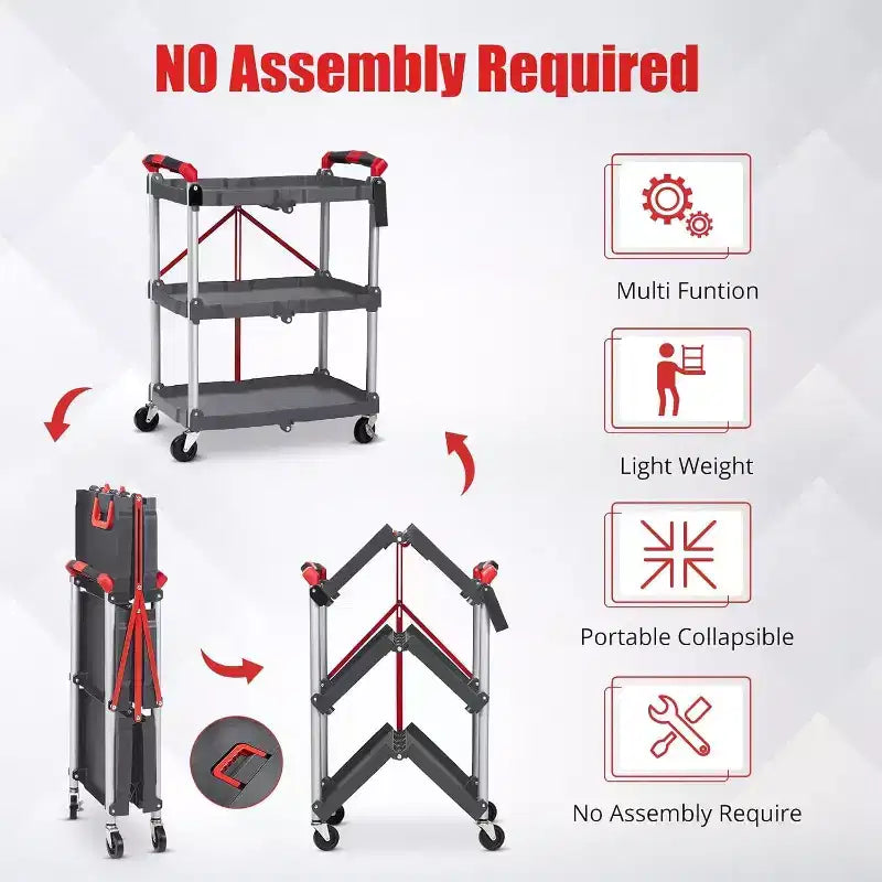Chariot utilitaire pliable à 3 niveaux avec roues, desserte de rangement roulante portable, capacité de charge de 75 kg, organiseur sans assemblage pour bureau, maison, garage, entrepôt