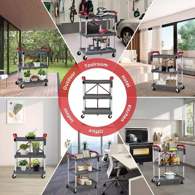 Chariot utilitaire pliable à 3 niveaux avec roues, desserte de rangement roulante portable, capacité de charge de 75 kg, organiseur sans assemblage pour bureau, maison, garage, entrepôt