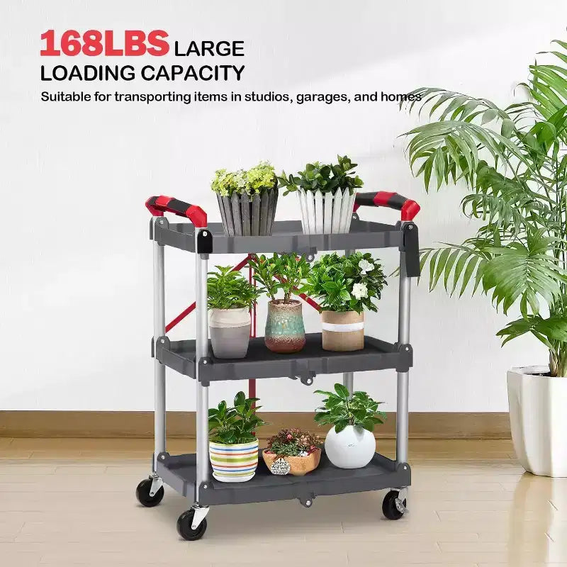 Chariot utilitaire pliable à 3 niveaux avec roues, desserte de rangement roulante portable, capacité de charge de 75 kg, organiseur sans assemblage pour bureau, maison, garage, entrepôt