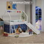 Lit mezzanine jumeau Bellemave Metal Junior House avec toboggan, ensemble de rideaux, guirlande de fanions et autocollants étoiles