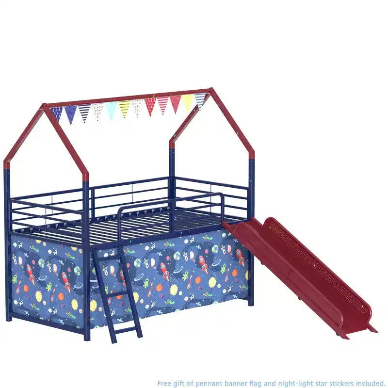 Lit mezzanine jumeau Bellemave Metal Junior House avec toboggan, ensemble de rideaux, guirlande de fanions et autocollants étoiles