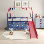 Bellemave Metal Junior House Twin Loft Bed with Slide, Curtain Set, Pennant Banner Flag and Star Stickers