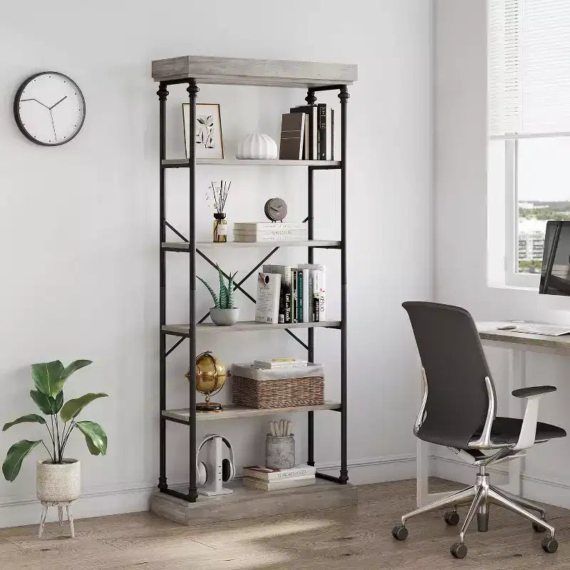 Étagère industrielle en bois à 6 niveaux, étagère ouverte avec cadre métallique, grande étagère de présentation grise pour chambre, salon, bureau