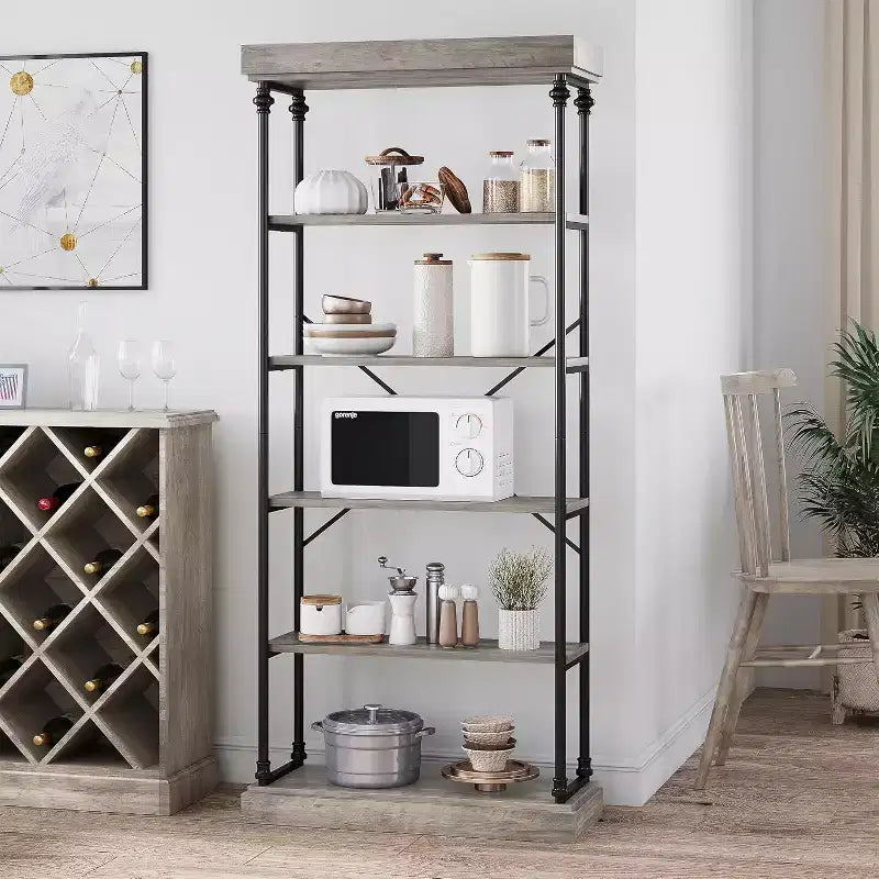 Étagère industrielle en bois à 6 niveaux, étagère ouverte avec cadre métallique, grande étagère de présentation grise pour chambre, salon, bureau