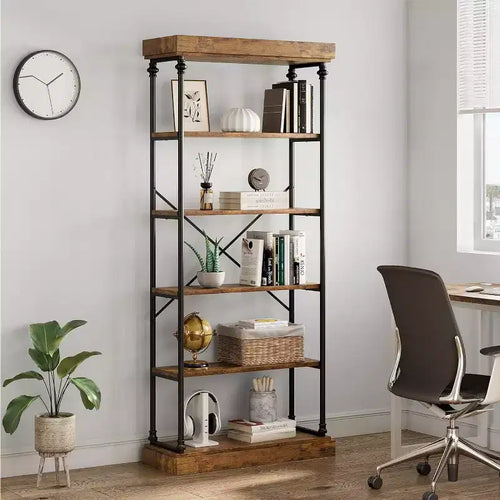 Étagère industrielle en bois à 6 niveaux, étagère ouverte avec cadre métallique, grande étagère de présentation grise pour chambre, salon, bureau