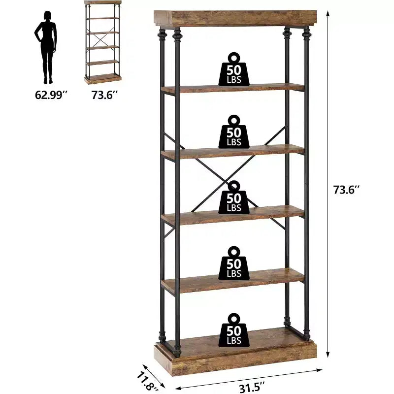 Étagère industrielle en bois à 6 niveaux, étagère ouverte avec cadre métallique, grande étagère de présentation grise pour chambre, salon, bureau