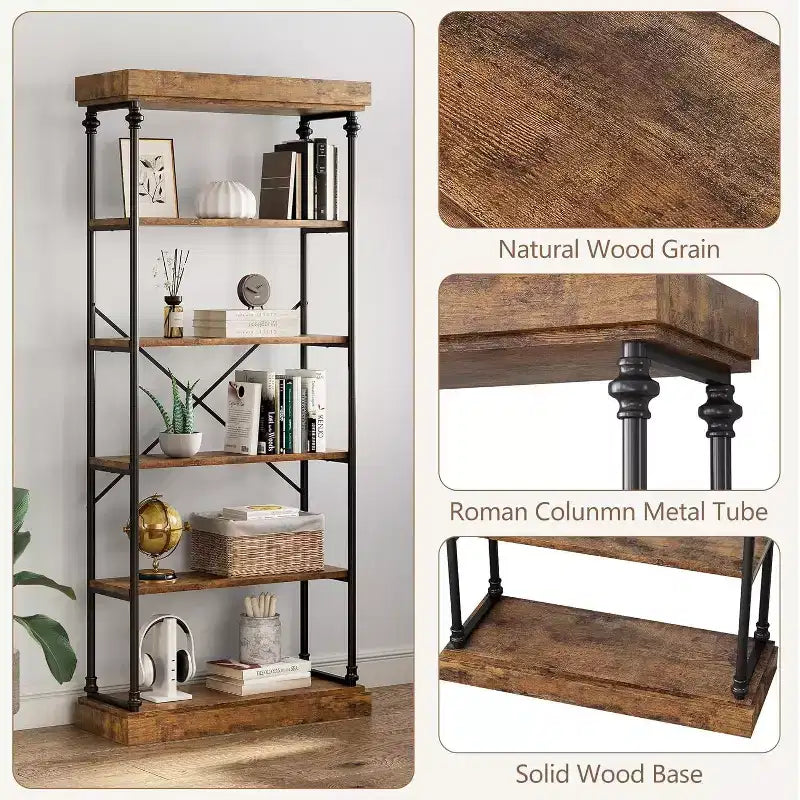 Étagère industrielle en bois à 6 niveaux, étagère ouverte avec cadre métallique, grande étagère de présentation grise pour chambre, salon, bureau
