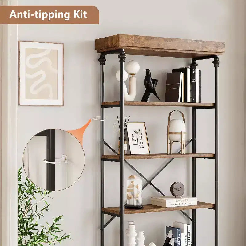 Étagère industrielle en bois à 6 niveaux, étagère ouverte avec cadre métallique, grande étagère de présentation grise pour chambre, salon, bureau