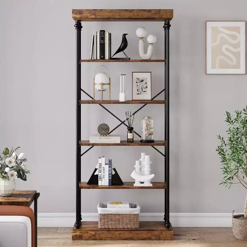 Étagère industrielle en bois à 6 niveaux, étagère ouverte avec cadre métallique, grande étagère de présentation grise pour chambre, salon, bureau