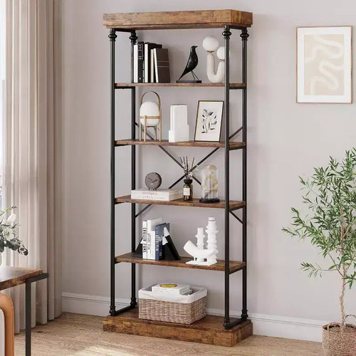 6 Tier Wooden Industrial Bookshelf,Open Shelf with Metal Frame,Large Grey Display Shelf for Bedroom,Living Room,Office