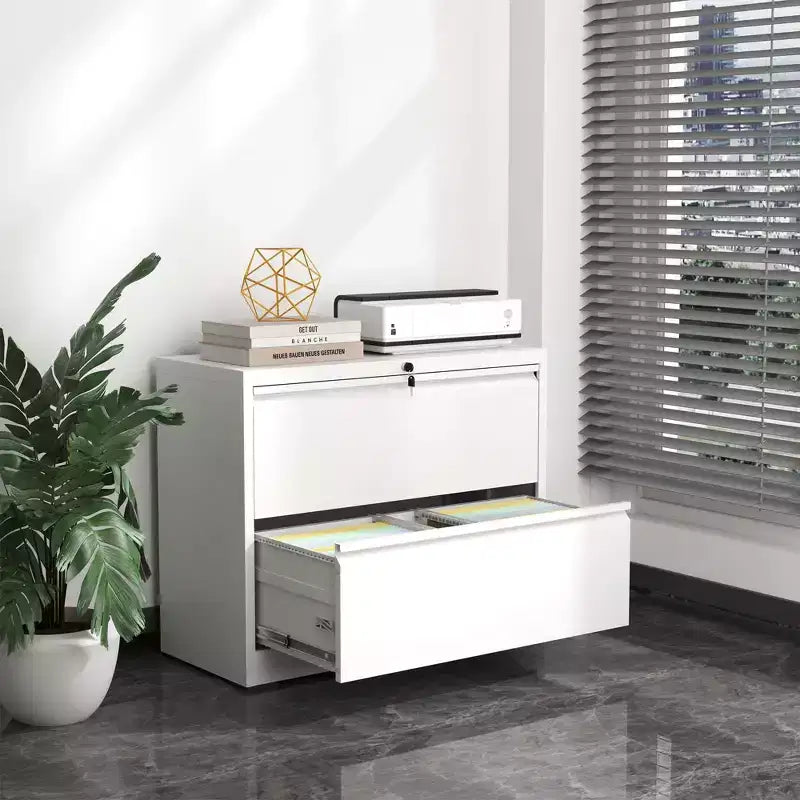 VIYET 35H Classeur latéral à 2 tiroirs avec serrure, armoire de classement en métal verrouillable pour bureau à domicile, convient aux formats légal/lettre/A4/F4 (blanc)