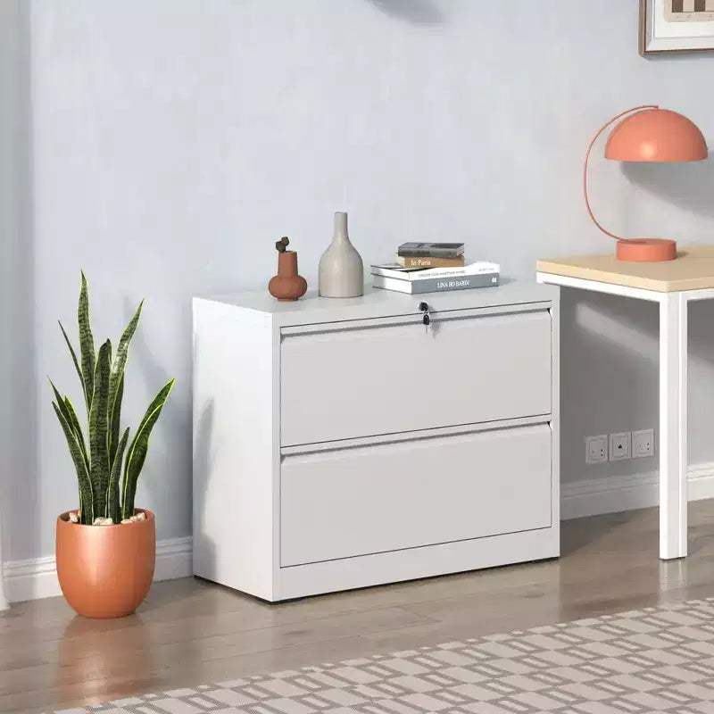 VIYET 35H Classeur latéral à 2 tiroirs avec serrure, armoire de classement en métal verrouillable pour bureau à domicile, convient aux formats légal/lettre/A4/F4 (blanc)