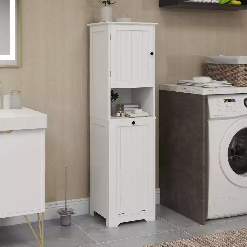 Meuble de panier à linge basculant, Meuble de panier à linge dissimulé avec compartiment et étagère inférieure basculante, Organisateur de rangement de salle de bain haut Blanc