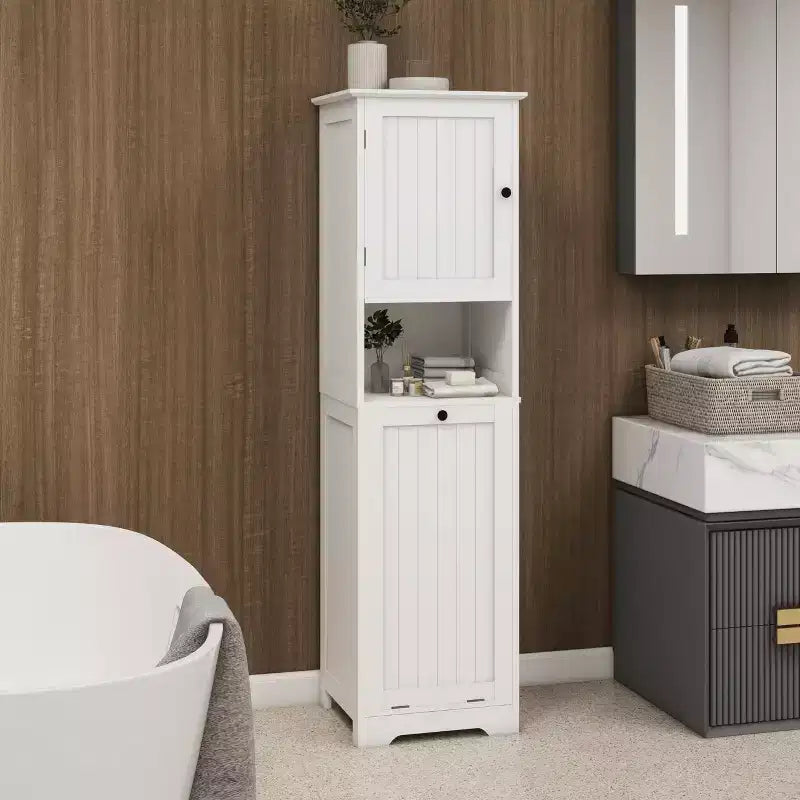 Meuble de panier à linge basculant, Meuble de panier à linge dissimulé avec compartiment et étagère inférieure basculante, Organisateur de rangement de salle de bain haut Blanc