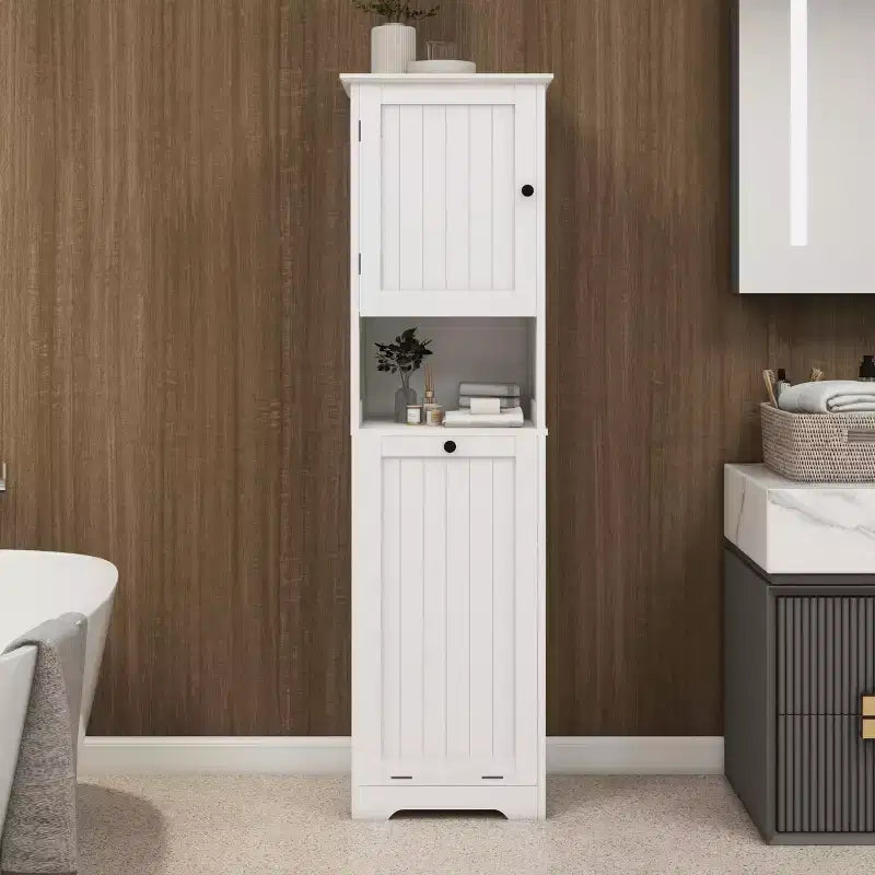 Meuble de panier à linge basculant, Meuble de panier à linge dissimulé avec compartiment et étagère inférieure basculante, Organisateur de rangement de salle de bain haut Blanc