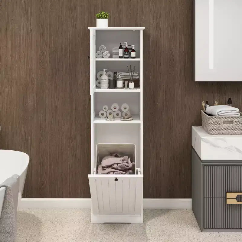 Meuble de panier à linge basculant, Meuble de panier à linge dissimulé avec compartiment et étagère inférieure basculante, Organisateur de rangement de salle de bain haut Blanc