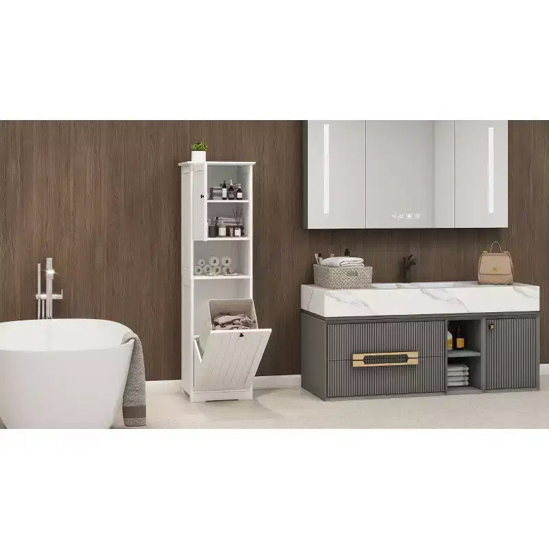 Meuble de panier à linge basculant, Meuble de panier à linge dissimulé avec compartiment et étagère inférieure basculante, Organisateur de rangement de salle de bain haut Blanc