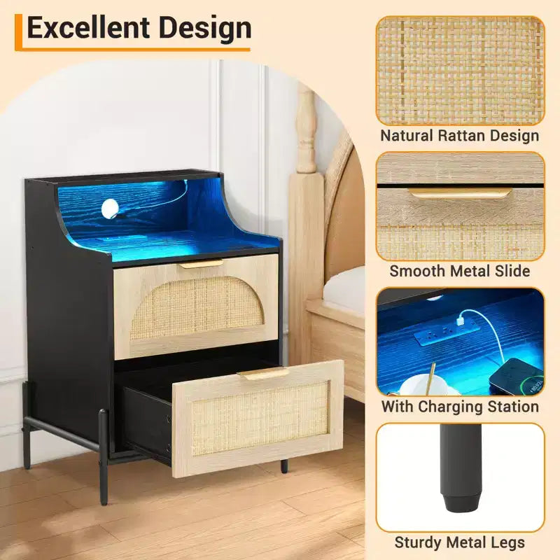 Table de chevet 2 tiroirs en rotin COZONY avec station de charge et lumières LED pour chambre et salon