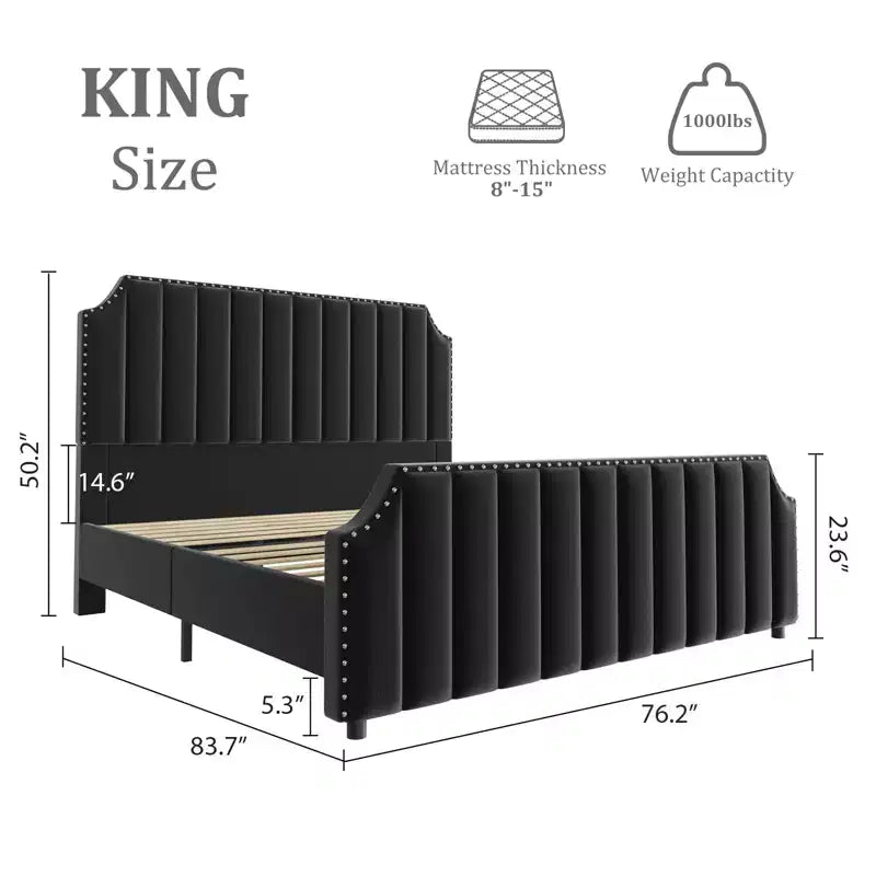 Cadre de lit King Size COZONY avec tête de lit capitonnée en velours, décor riveté, lattes en bois solides, pas besoin de sommier, montage facile