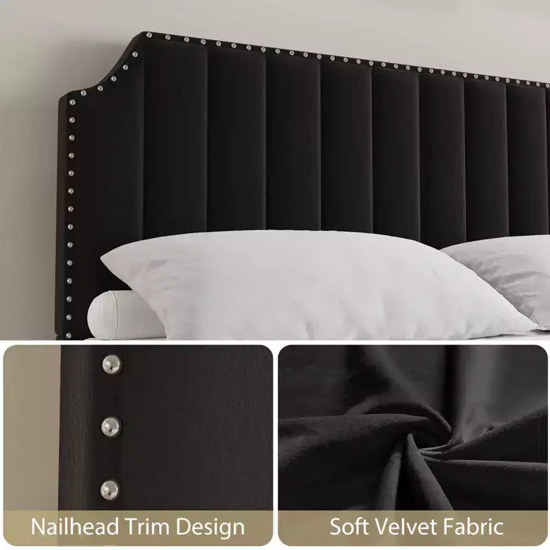Cadre de lit King Size COZONY avec tête de lit capitonnée en velours, décor riveté, lattes en bois solides, pas besoin de sommier, montage facile
