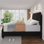 Cadre de lit King Size COZONY avec tête de lit capitonnée en velours, décor riveté, lattes en bois solides, pas besoin de sommier, montage facile