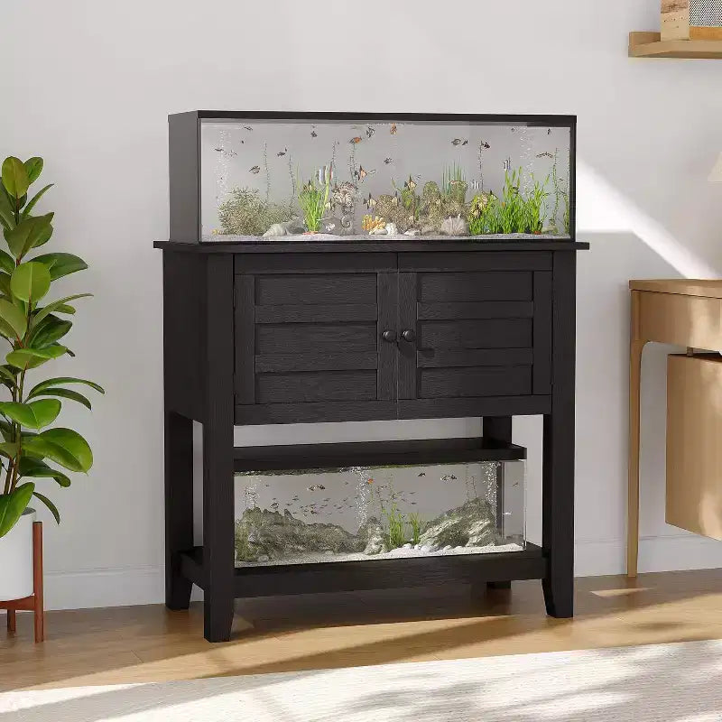 Acekool 29-Gallon Double Aquarium Stand with Power Strip, Black Fish Tank Cabinet with Magnetic Doors for Living Room Storage