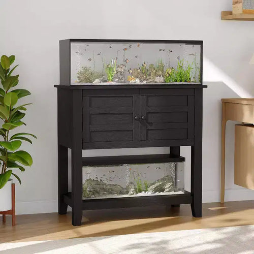 Acekool 29-Gallon Double Aquarium Stand with Power Strip, Black Fish Tank Cabinet with Magnetic Doors for Living Room Storage