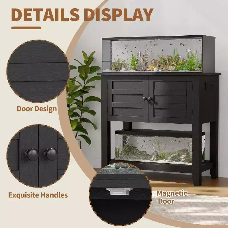 Meuble de support pour aquarium double Acekool de 109 litres avec multiprise, meuble d'aquarium noir avec portes magnétiques pour rangement de salon