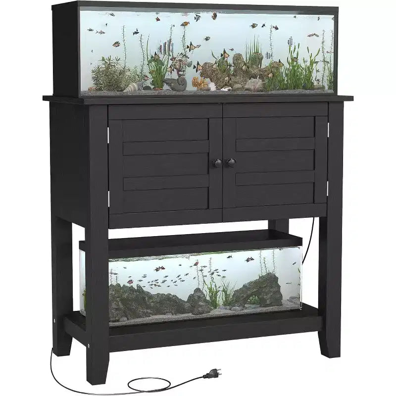 Meuble de support pour aquarium double Acekool de 109 litres avec multiprise, meuble d'aquarium noir avec portes magnétiques pour rangement de salon