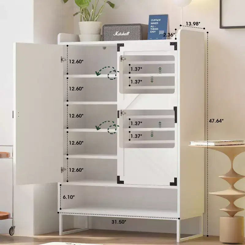 Meuble de rangement pour chaussures avec portes, étagère à chaussures de style rustique à 6 niveaux avec étagères réglables et rangement ouvert, organiseur de chaussures mince blanc