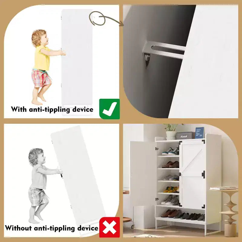 Meuble de rangement pour chaussures avec portes, étagère à chaussures de style rustique à 6 niveaux avec étagères réglables et rangement ouvert, organiseur de chaussures mince blanc