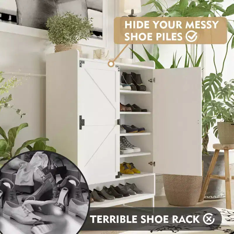 Meuble de rangement pour chaussures avec portes, étagère à chaussures de style rustique à 6 niveaux avec étagères réglables et rangement ouvert, organiseur de chaussures mince blanc