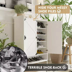 Meuble de rangement pour chaussures avec portes, étagère à chaussures de style rustique à 6 niveaux avec étagères réglables et rangement ouvert, organiseur de chaussures mince blanc