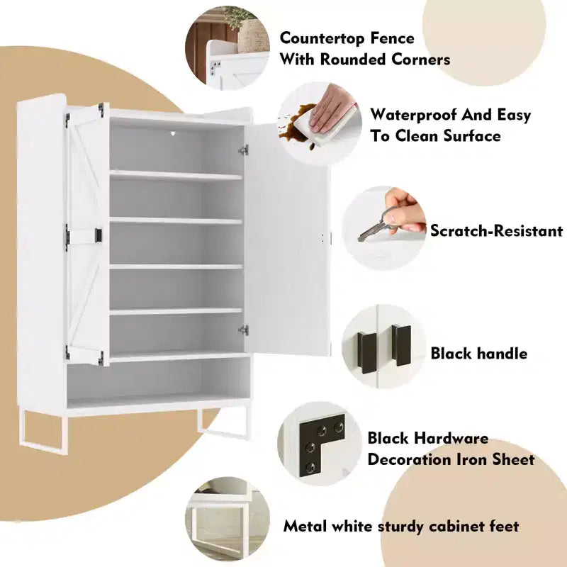 Meuble de rangement pour chaussures avec portes, étagère à chaussures de style rustique à 6 niveaux avec étagères réglables et rangement ouvert, organiseur de chaussures mince blanc