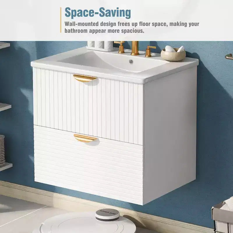 Meuble de salle de bain mural de 122 cm avec 2 vasques et tiroirs, ensemble lavabo-meuble de salle de bain avec rangement, blanc