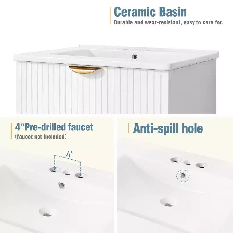 Meuble de salle de bain mural de 122 cm avec 2 vasques et tiroirs, ensemble lavabo-meuble de salle de bain avec rangement, blanc
