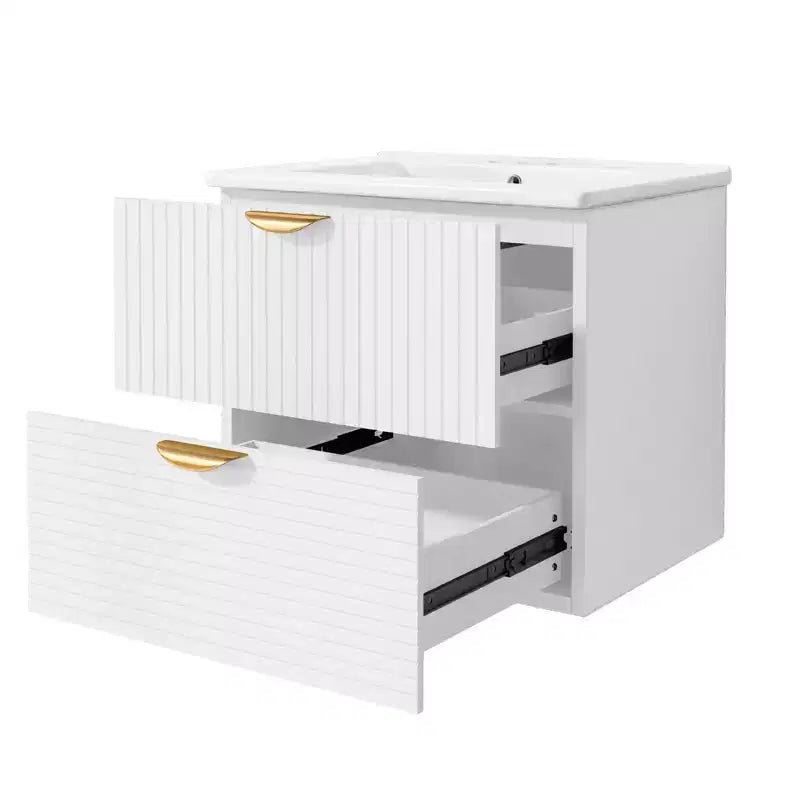 Meuble de salle de bain mural de 122 cm avec 2 vasques et tiroirs, ensemble lavabo-meuble de salle de bain avec rangement, blanc