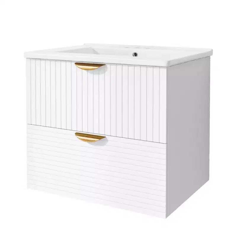 Meuble de salle de bain mural de 122 cm avec 2 vasques et tiroirs, ensemble lavabo-meuble de salle de bain avec rangement, blanc