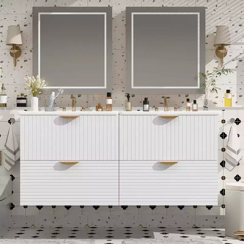 Meuble de salle de bain mural de 122 cm avec 2 vasques et tiroirs, ensemble lavabo-meuble de salle de bain avec rangement, blanc
