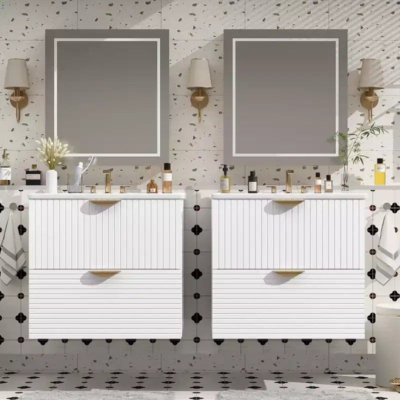 Meuble de salle de bain mural de 122 cm avec 2 vasques et tiroirs, ensemble lavabo-meuble de salle de bain avec rangement, blanc