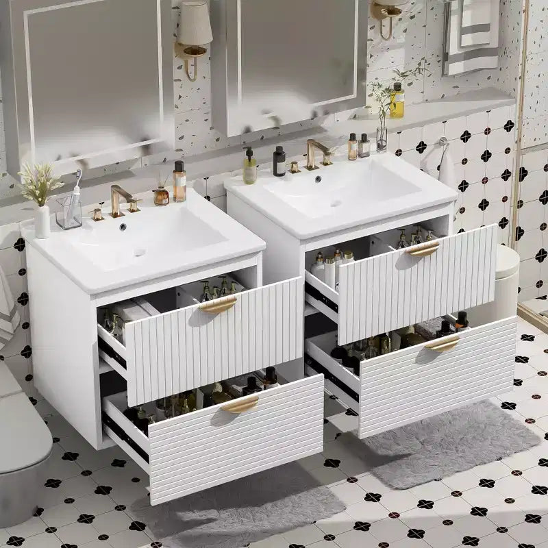 Meuble de salle de bain mural de 122 cm avec 2 vasques et tiroirs, ensemble lavabo-meuble de salle de bain avec rangement, blanc