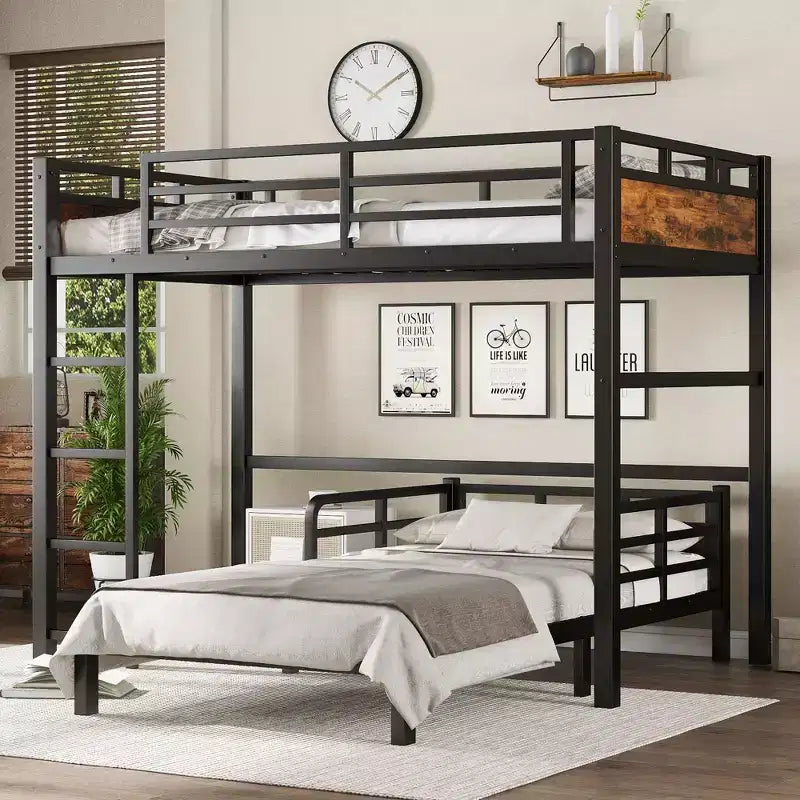 Twin XL over Twin XL Metal Bunk Bed/Metal Loft Bed and Metal Platform Bedswith raised security fenceVintage Wood-colored