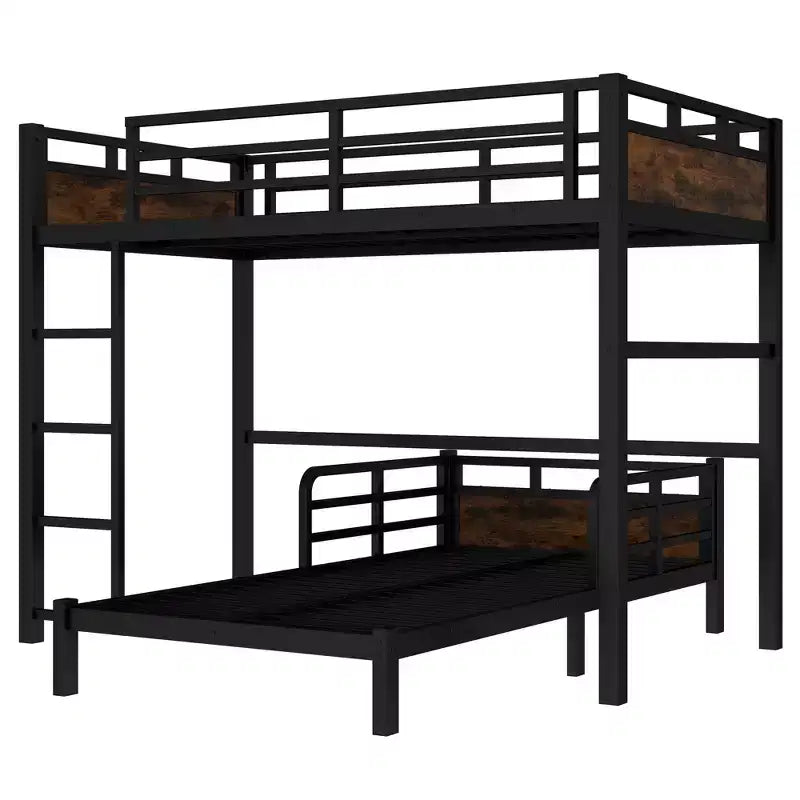 Lit superposé métallique Twin XL sur Twin XL/Lit mezzanine métallique et lits plateforme métalliquesavec barrière de sécurité surélevéeCouleur bois vintage