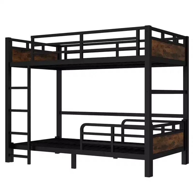 Lit superposé métallique Twin XL sur Twin XL/Lit mezzanine métallique et lits plateforme métalliquesavec barrière de sécurité surélevéeCouleur bois vintage