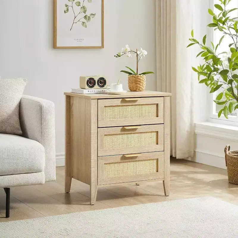Table de chevet en rotin, table de chevet bohème avec 3 tiroirs en rotin naturel, table de chevet avec pieds en bois robustes pour chambre à coucher, salon, naturel